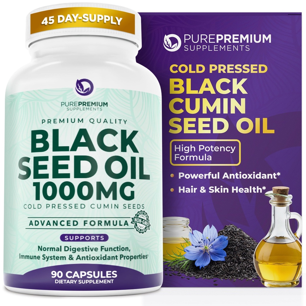 PurePremium Black Seed Oil 500mg - Organic Nigella Sativa Frø, Cold Pressed Black Cumin Oil Extract - Hår / Skin supplement til mænd / kvinder pakning med 90 kapsler