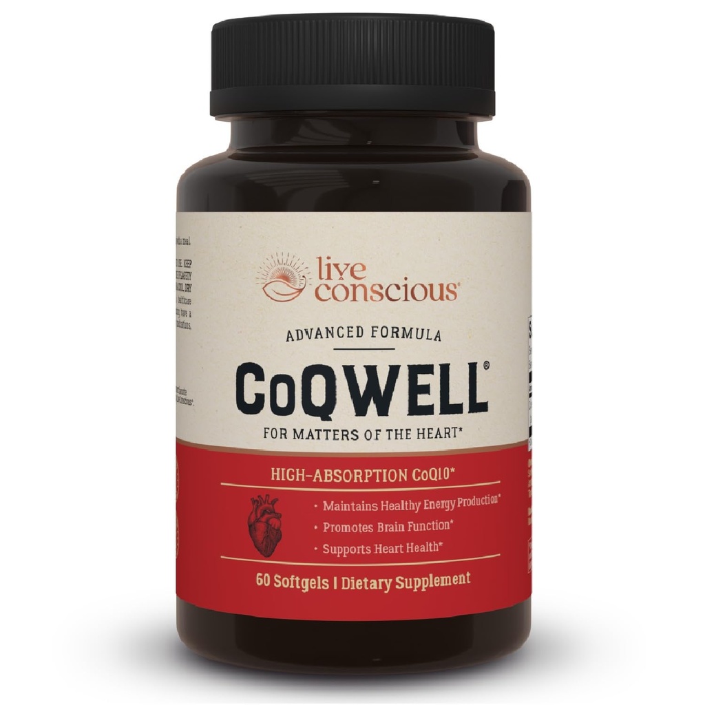 Live Conscious CoQWell - CoQ10 Heart, Brain, og Vaskulær Health Support, Coenzym Q10 Ubiquinone - 60 Softgels - 60 dages forsyning
