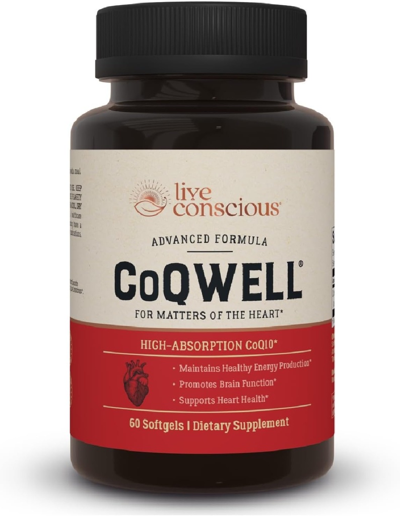 Live Conscious CoQWell - CoQ10 Heart, Brain, og Vaskulære Health Support, Coenzym Q10 Ubiquinone - 60 Softgels - 60 dages forsyning