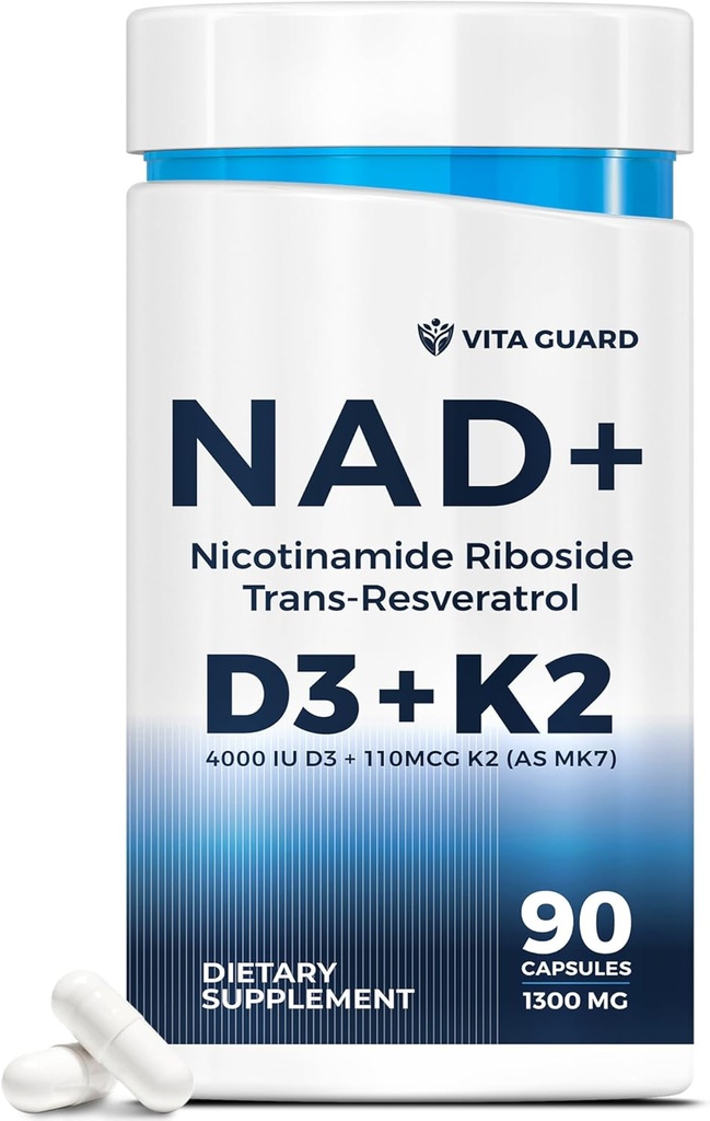 Anti- Aging Energy NAD Supplement - NMN Alternativ med Nicotinamid Riboside 1000mg, Trans- Resveratrol 300mg, Vitamin D3 4000 IE og K2 110 mcg MK7 - Vegetarisk 60 kapsler, 1300mg