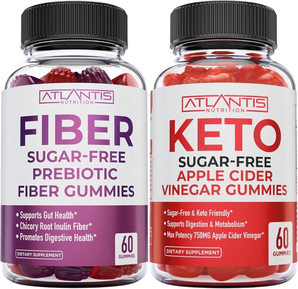 Atlantis Nutrition Sugar Free Prebiotic Fiber Gummies for adult 2- Pack (120 Gummies) + Sugar Free Keto Apple Cider Vincipes 60 Gummies