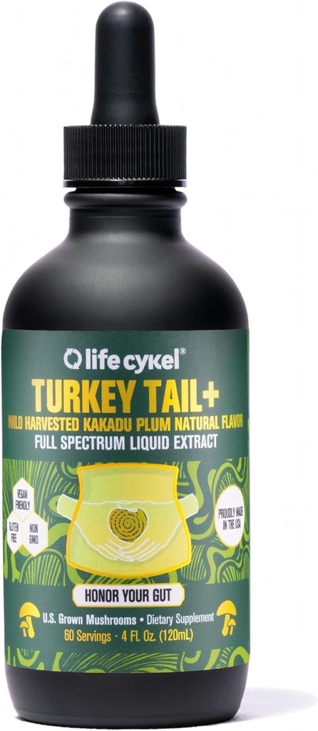 Life Cykel - Tyrkiet Tail Mushroom Flydende Uddrag med Kakadu Plum - Immunstøtte & fordøjelsesmæssig sundhed Prebiotic Supplement - Vegan, Non- GMO og Gluten Free - 4 Fl Oz