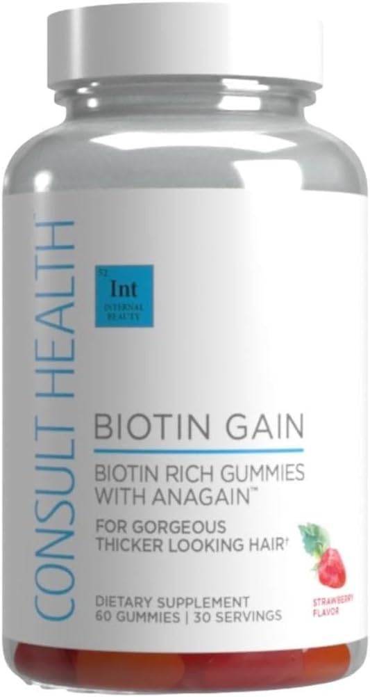 Consult Health BIOTIN GAIN Gummies med ANAGAIN - Reducere hårtab - Klinisk testet - 10.000 mcg Biottin vitamin B7 til støtte sund hårvækst, hud og negle for kvinder og mænd - 60 Greve
