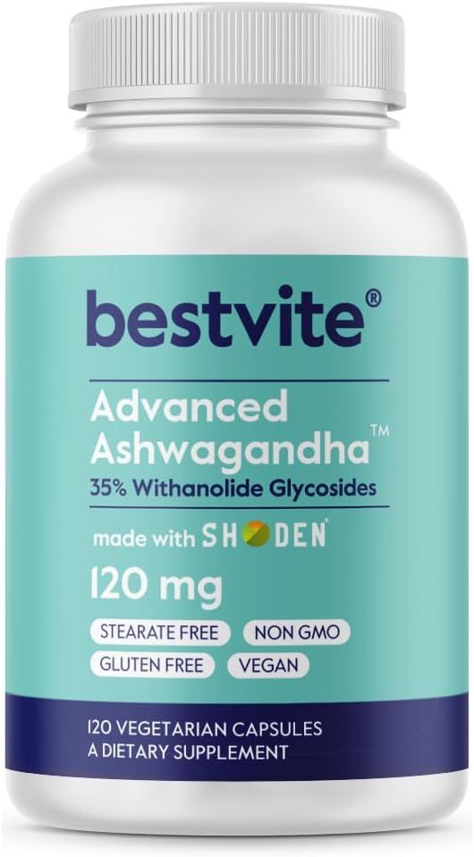 BESTVITE Advanced Ashwagandha 120mg w / Shoden (120 Vegetariske kapsler) - Klinisk studier indeholdende industri førende 35% Hutanolide Glycosider - Ingen Stearates - Vegan - Ikke GMO - Gluten Free