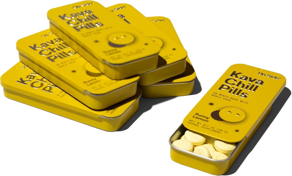 Up Side Kava Chill Pills, Kava Kava Candy Sunny Lemon Flavor, Naturligt supplement til rolig & stress support, 6 Pack 20 Mints
