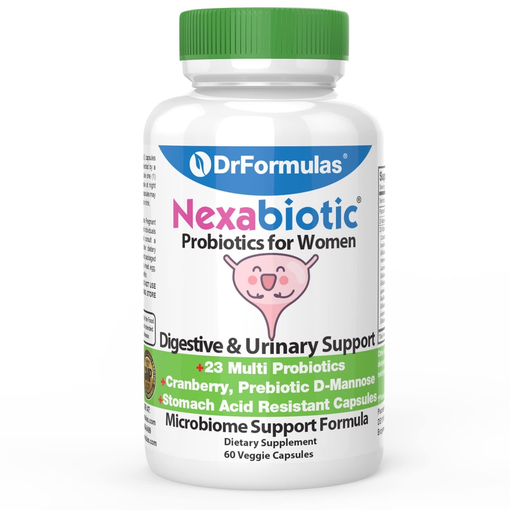 DrFormulas Cranberry Probiotika til kvinder Vaginal Sundhed & Urinary Tract med Fiber Prebiotic & D Mannose Note 124; Nexabiotic Feminin Health, Vaginose med Lactobacillus Acidophilus for Gær, 60 kapsler