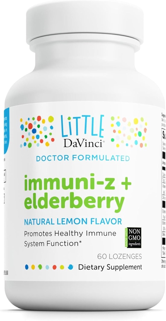 DAVINCI Little Immuni- z + Elderberry - Kids Zink Lozenge to Support immunforsvar, Sunde Lunger og Hals Tissue * - med vitamin D3, Zink, Elderberry og mere - Lemon Flavor - 60 Lozenges