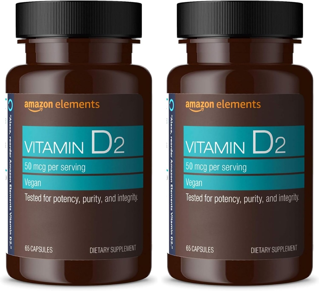 Elementer Vitamin D2 2000 IE, Vegan, 65 kapsler, understøtter stærke knogler og immunforsvar, 2 måneders forsyning (Packaging May Vary) (pakke med 2)