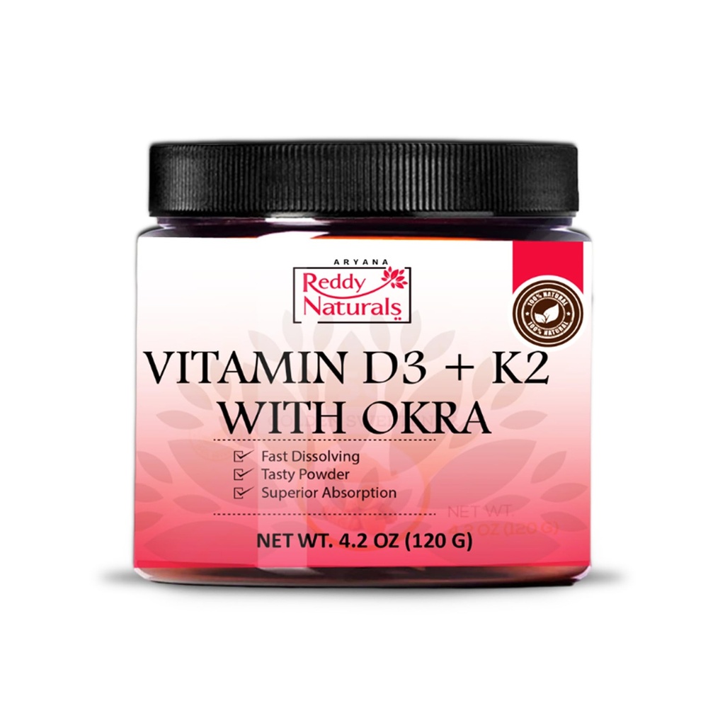 Reddy Naturals Vitamin D3 K2 Pulver med Okra - Plant- baseret, Fast- Opløsning med naturlige smagsstoffer, Non- GMO- Daglig Wellness Formel - 4.2 OZ (120g)