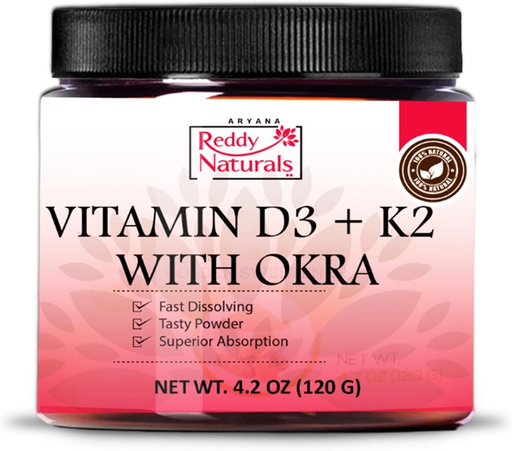 Reddy Naturals Vitamin D3 K2 Pulver med Okra - Plant- baseret, Fast- Opløsning med naturlige smagsstoffer, Non- GMO- Daglig Wellness Formel - 4.2 OZ (120g)