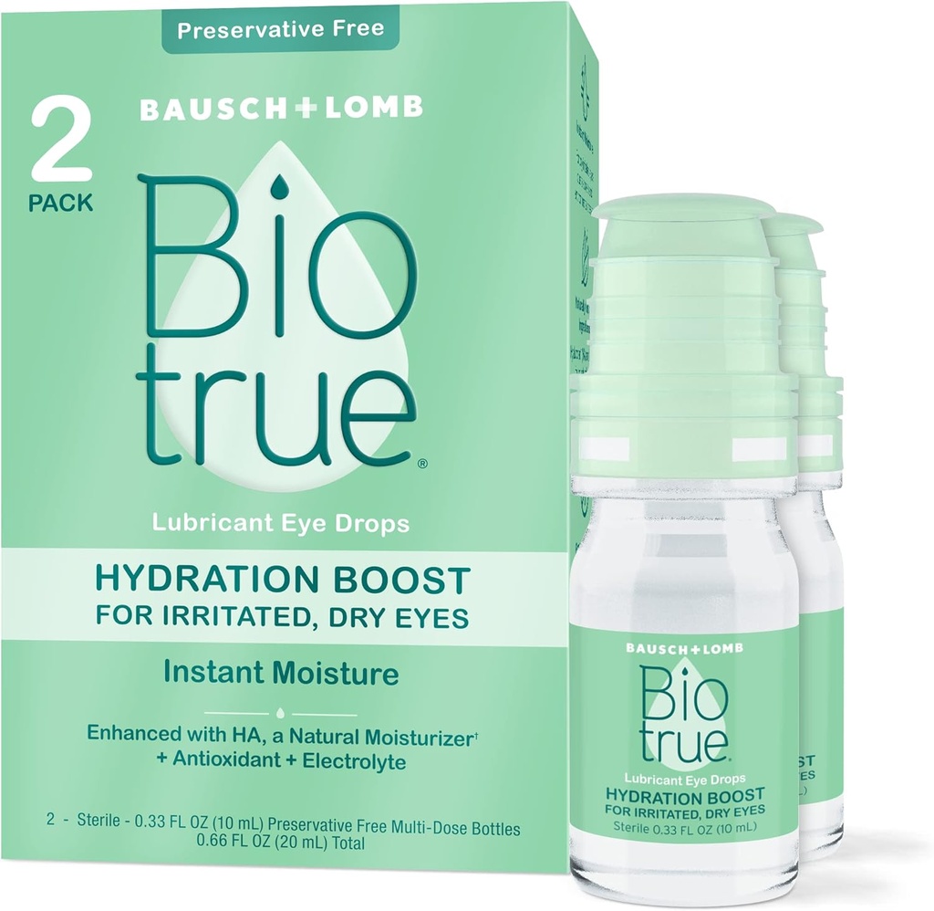 Biotrue Hydration Boost, Preservative- Gratis øjendråber for tørre øjne, Straks fugtgivende, Rehydrater, Kontakt Venlige, Opfrisk & Relieve Eye Irritering, 0,33 FL Oz (Pack of 2)