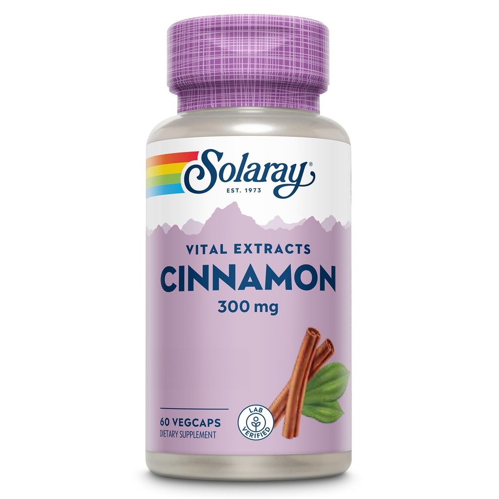 SOLARAY Cinnamon Extract 300mg - Kanel Kosttilskud til Balance - Urtestøtte med 24mg Flavonoider - Lab Verified, Gluten Free, 60- Day Garanti - 60 Servere, 60 VegCaps