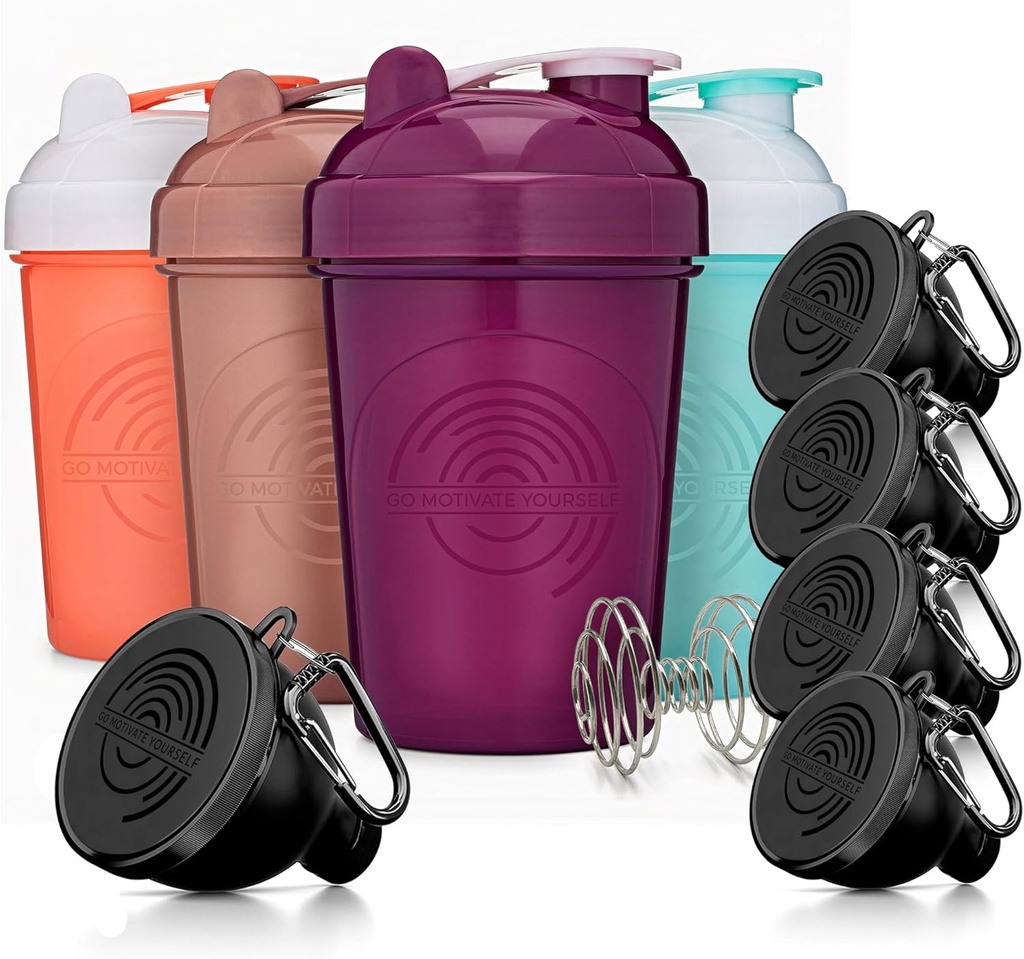 GOMOYO Fitness Bundle - 4-Pack Shaker Flasker med Agitator + 5-Pack Protein tragte med Carabiner, BPA- Free & Opvaskemaskine Safe