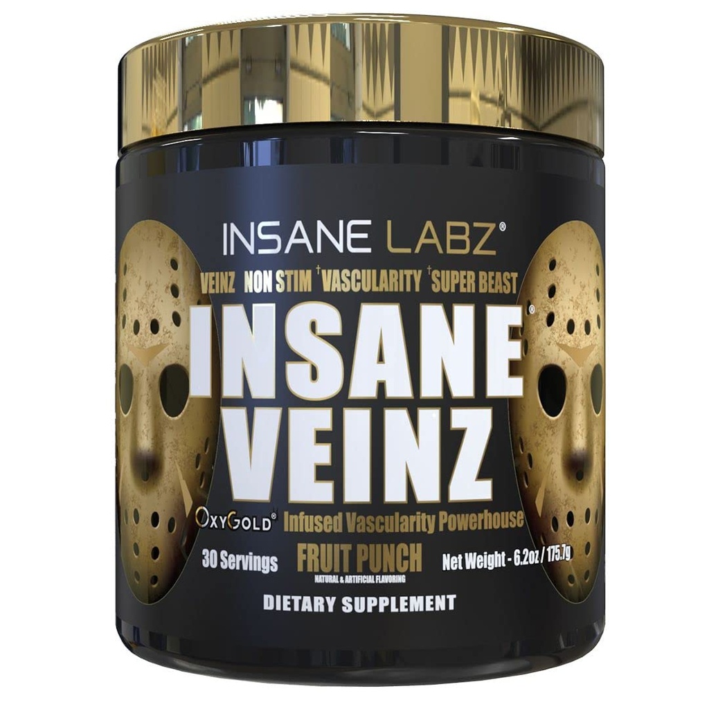 Insane Labz Insane Veinz Guld, nitrogenoxid Non Stimulant Pre Workout Pulver, Indlæst med Hydromax, Nitrosigine, Øger vaskularitet og blodgennemstrømning, 30 Srvgs, Frugt Punch