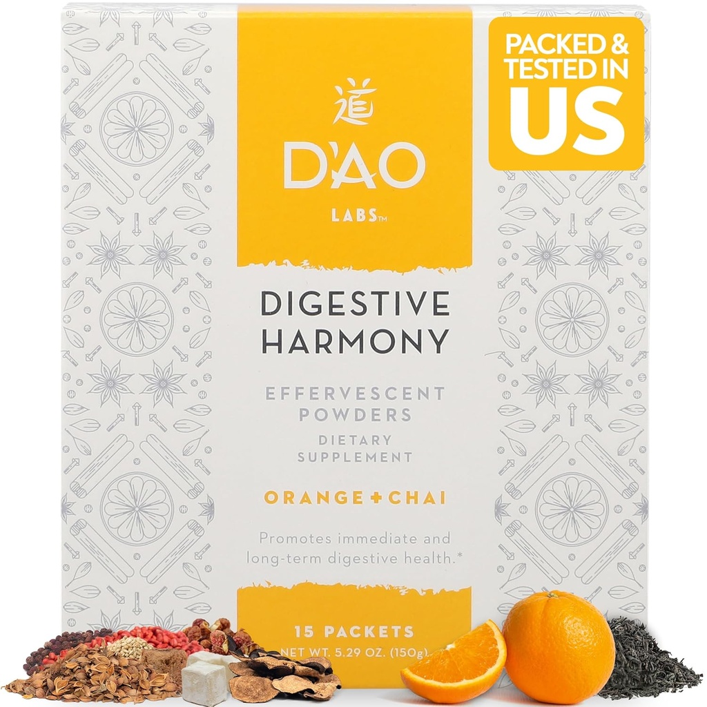 D 'AO Labs fordøjelsesHarmoni - Økologiske fordøjelsesenzymer - Traditionelle kinesiske urter & Chai Powder - Orange- Chai Flavor - Preserve Harmony Decction (Bao Han Wan) - 15 Individuelle Serveringer