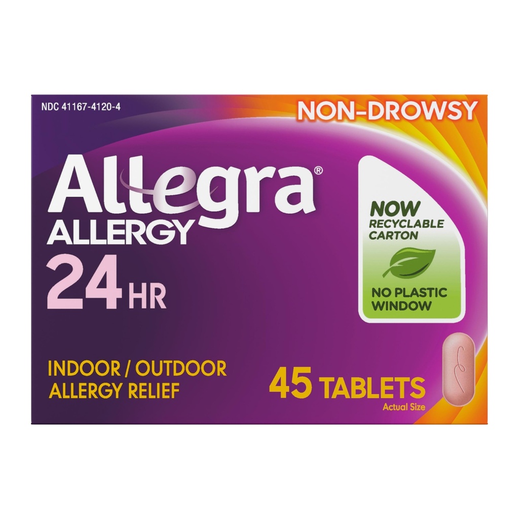 Allegra Voksen 24- timers Allergi Relief tabletter, non- Drowsy Indendørs og udendørs Allergi medicin, 180 mg Fexofenadine HCI Antihistamin Pill, 45- greve
