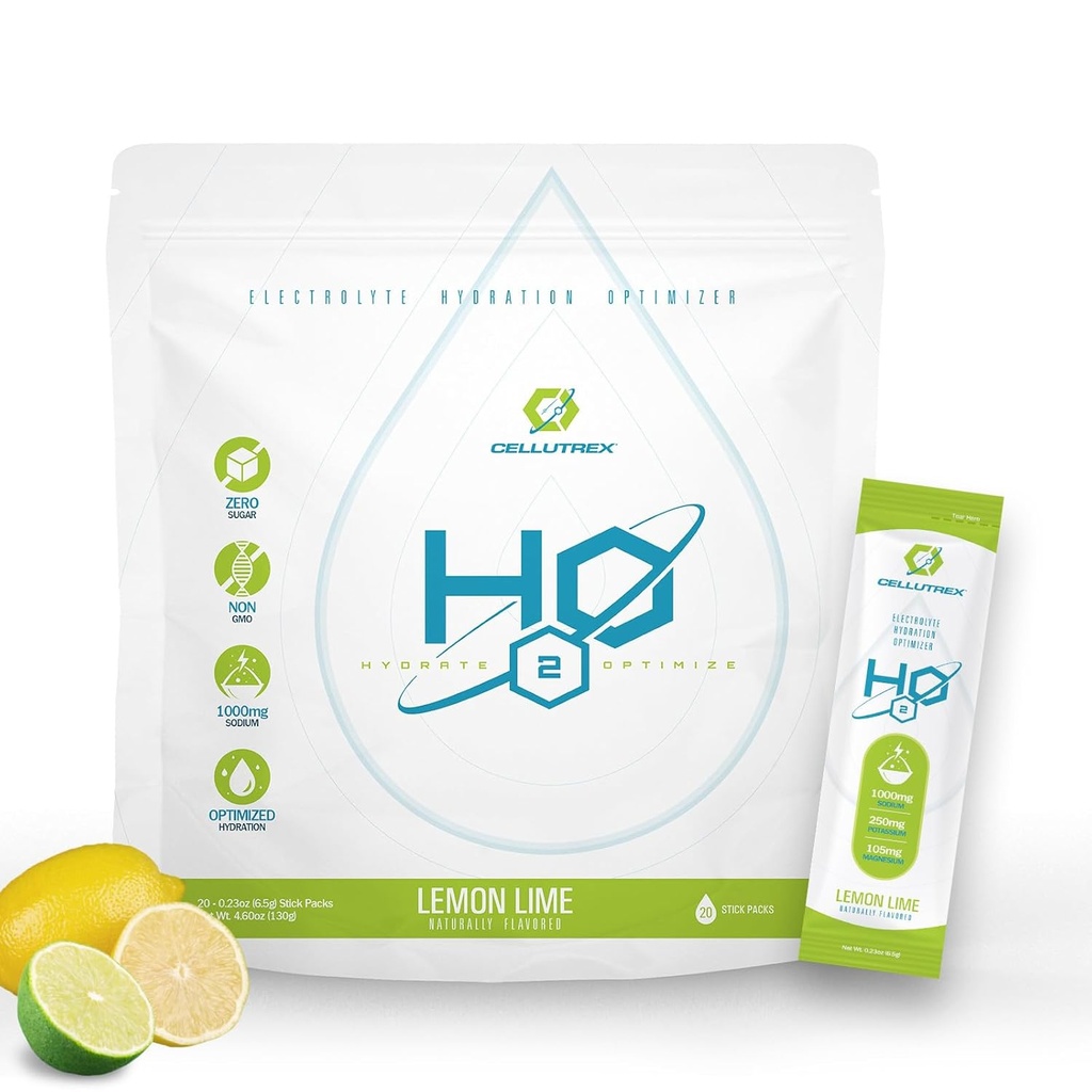 Cellutrex ® H2O Electrolytes - Electrolyte Powder Drink Mix, Zero Sugar, Natural Salt Hydration Packs for Recovery and Wellness, Lemon Lime, 20 sticks