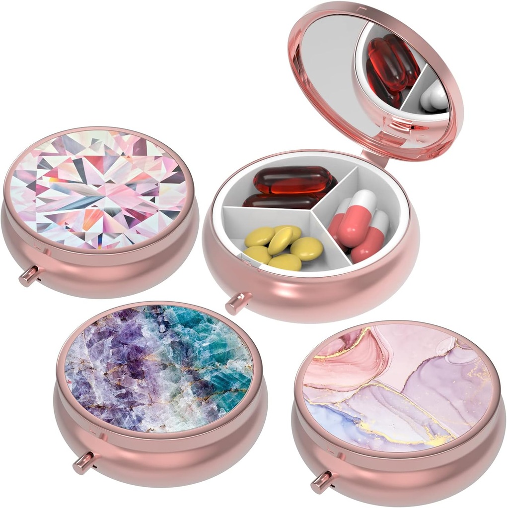 Lille Pill Box, Pill Case for Purse & Pocket, 3 Compartments Travel Pill Case Medicin Organizer Opbevaring til vitaminer, piller, fiskeolie og øreringe, Studs, Rose Gold- 3Round