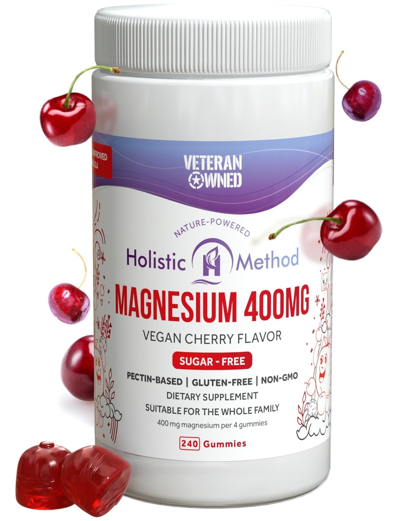 Magnesium Citrate Gummies - Sukkerfri, Vegansk og ikke-GMO for bedre søvn og afslapning - Ingen sukkeralkohol - Magnesiumtillæg til voksne, teenagere og børn - Kirsebær - 240 tykkere