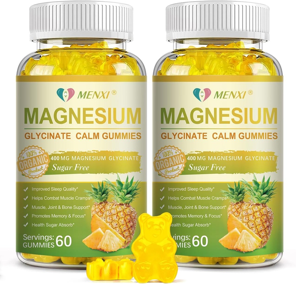 Magnesium Glycinate Gummies 400mg, Sugar Free Magnesium Taurate, Magnesium Malat tillæg med D-vitamin, B6, CoQ10 for afslapning, Stress Relief, Muscle, Bone & Sleep Support-120 Ananas Gummies