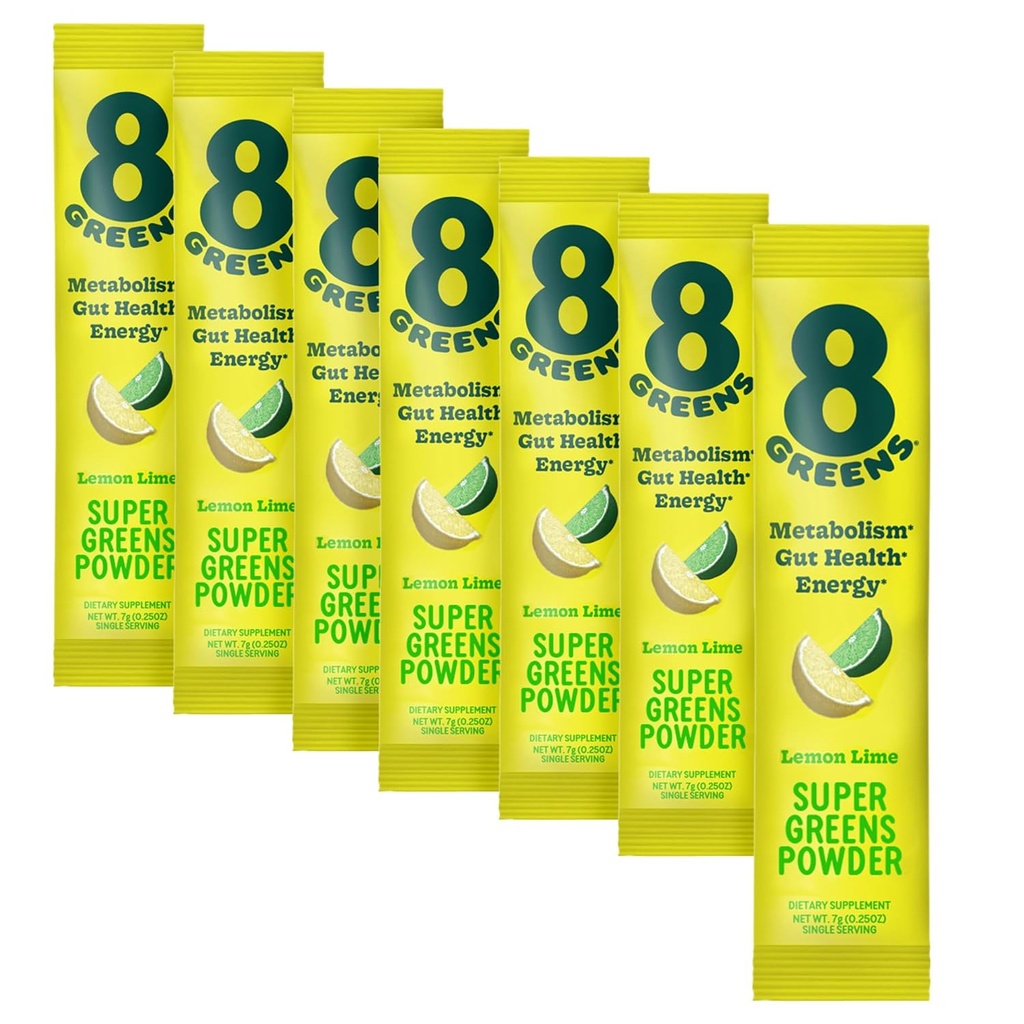 8Greens Super Green Powder Budd124; Prebiotic & Probiotic Blend Superfood for Gut Health, Metabolisme, Debloating, med Fiber, fordøjelsesenzymer, Organisk: Spirulina, Chlorella, Lemon Lime, 7 Servere
