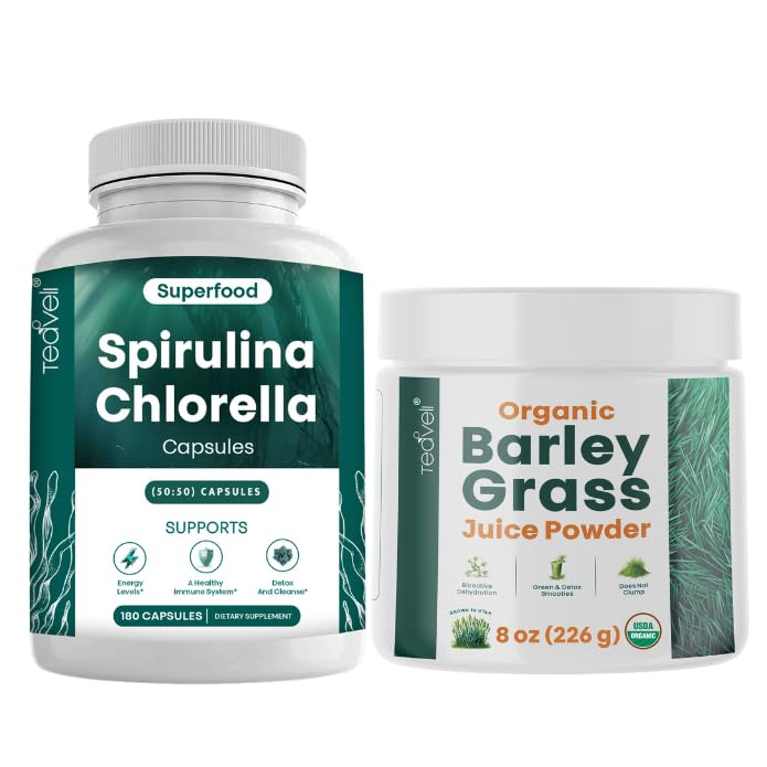 Teaveli Spirulina Chlorella Kapsler og Barley Grass Juice Powder Bundle