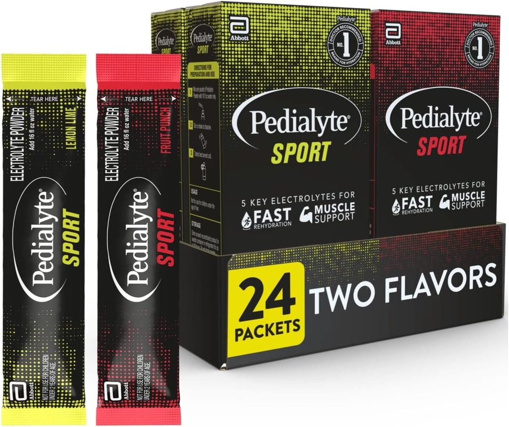 Pedialyte Sport Electrolyte Powder, Hurtig hydrering med 5 Key Electrolytes for Muscle Support Før, under og efter træning, 12 Lemon Lime & 12 Fruit Punch, 0.49-oz Pakker (24 Greve)