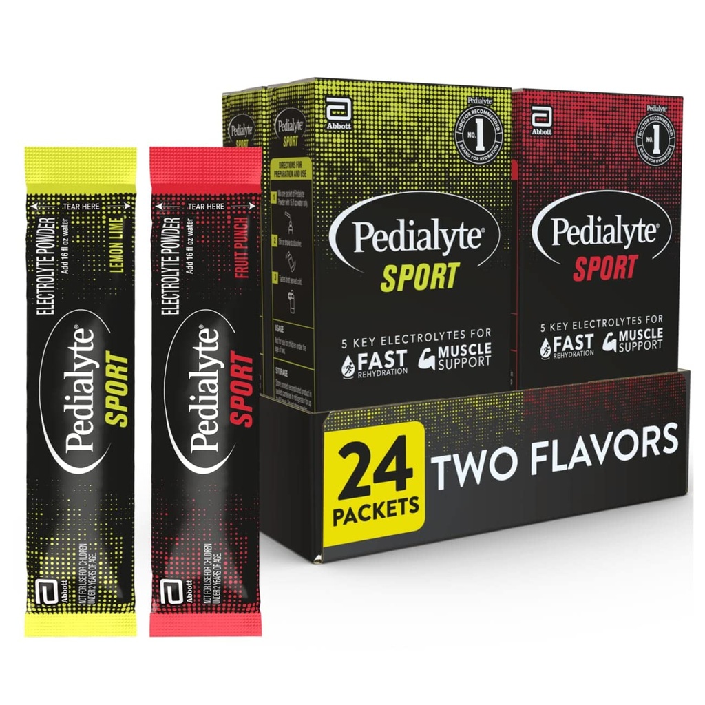 Pedialyte Sport Electrolyte Powder, Hurtig hydrering med 5 Key Electrolytes for Muscle Support Før, under og efter træning, 12 Lemon Lime & 12 Fruit Punch, 0.49-oz Pakker (24 Greve)