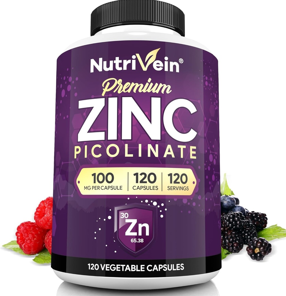 Nutrivein Premium Zinkpicolinat 100mg - 120 kapsler til voksne: Høj- Absorption Zinkpicolinat Kosttilskud - Essential Nourisation for Total Wellness - Max Biotilgængelighed
