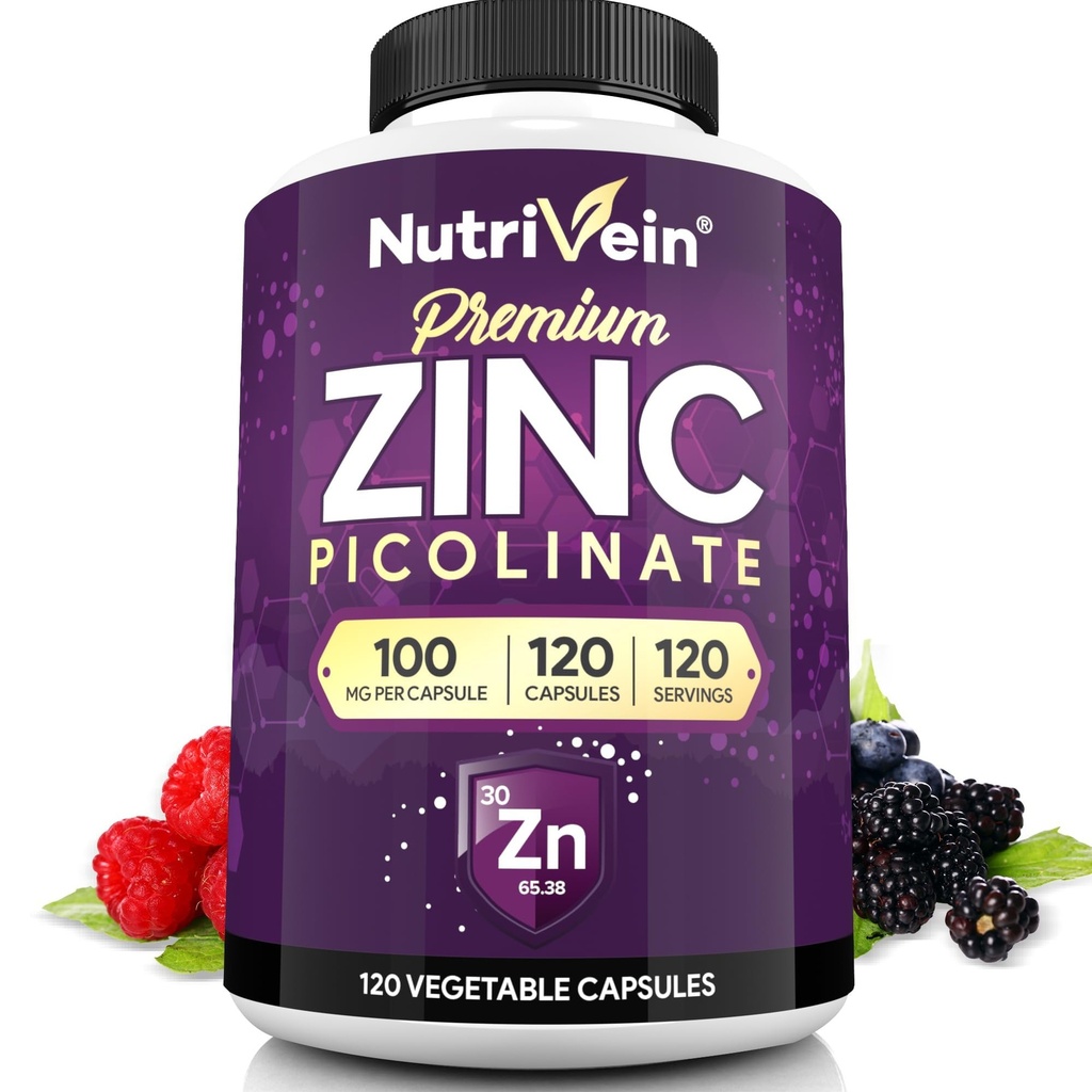 Nutrivein Premium Zinkpicolinat 100mg - 120 kapsler til voksne: Høj- Absorption Zinkpicolinat Kosttilskud - Essential Nourisation for Total Wellness - Max Biotilgængelighed