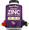 Nutrivein Premium Zinkpicolinat 100mg - 120 kapsler til voksne: Høj- Absorption Zinkpicolinat Kosttilskud - Essential Nourisation for Total Wellness - Max Biotilgængelighed