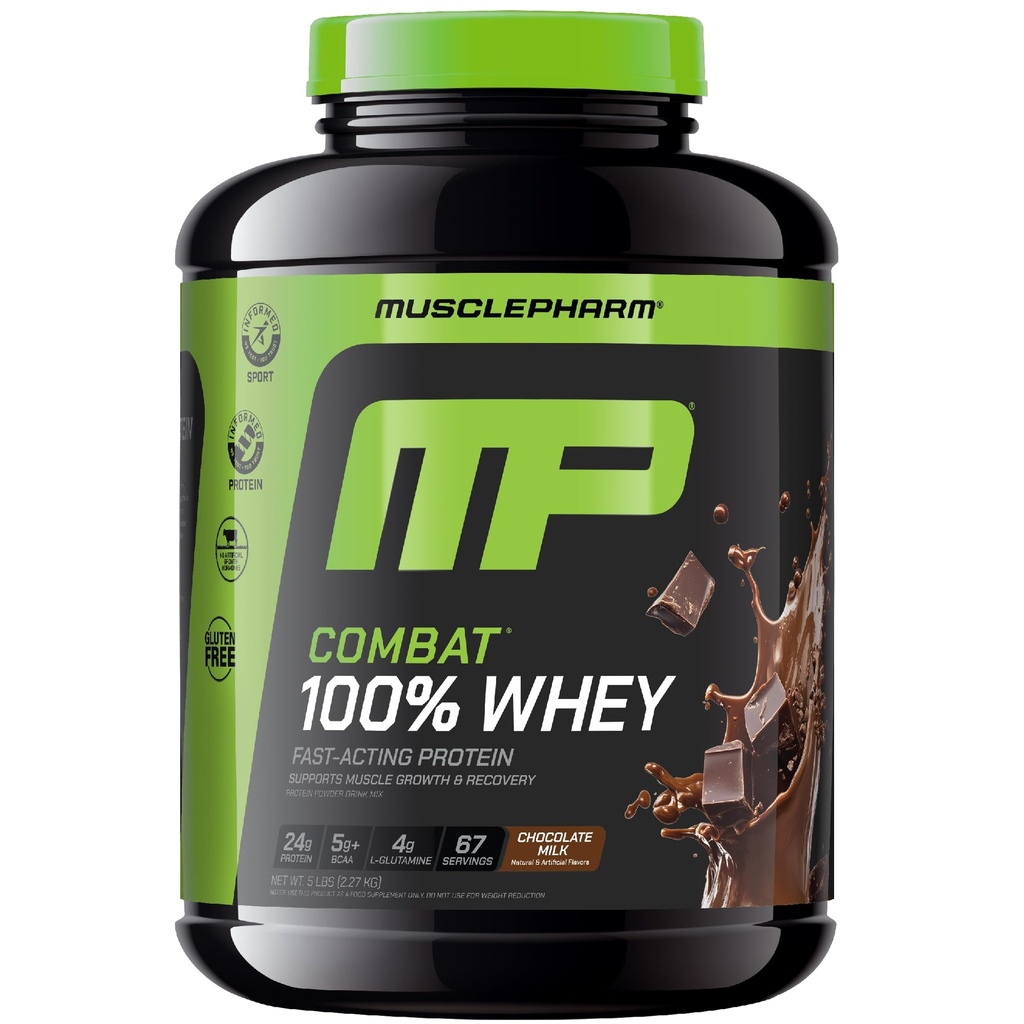 MusclePharm Combat 100% Whey Protein Powder, Chocolate Milk, Fast Recovery & Muscle Gain med Whey Isolate, High Protein Powder for Women & Men, Gluten Free, 5lb, 67 Servering