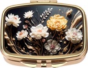 Dynippy Pill Case Pill Box med spejl Retro Pocket 2 Compartment Medicine Case Vitamin Pill Organizer til Pocket Purse og Rejser (Gold- Flower 1)