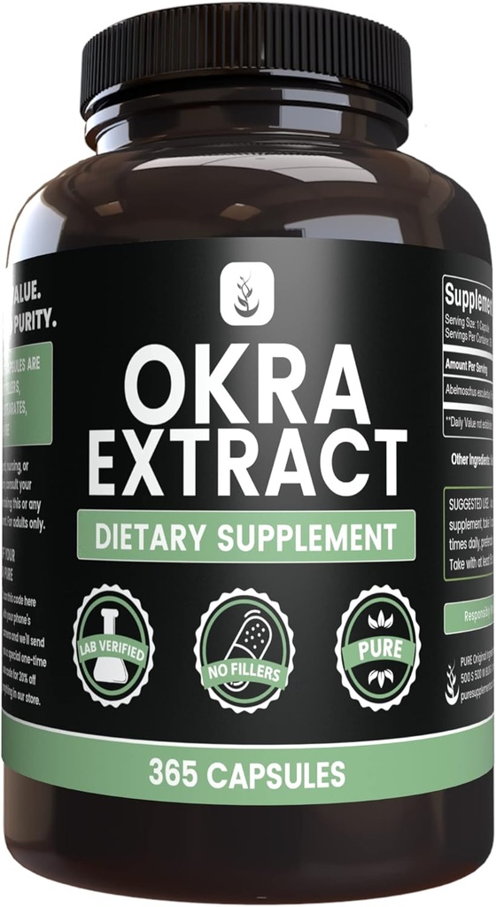 PURE ORIGINALSKE INGREDIENSER Okra Extract (365 kapsler) Ingen Magnesium eller ris Fyldere, Altid Pure, Lab Verified