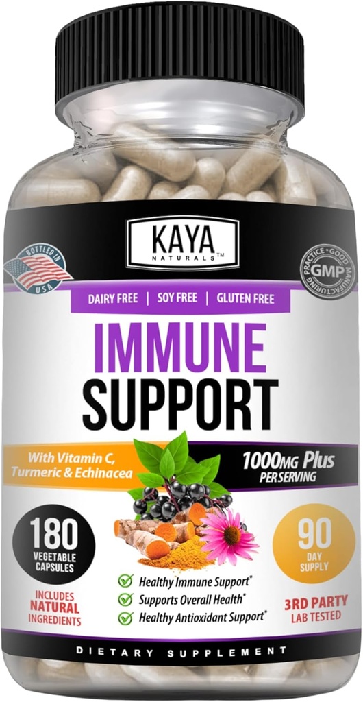 Kaya Naturals Elderberry immunforsvar med zink og C-vitamin til voksne, Probiotika & gurkemeje 1000mg immunsystem Booster Sambucus Elderberry kapsler - 180 Tæl