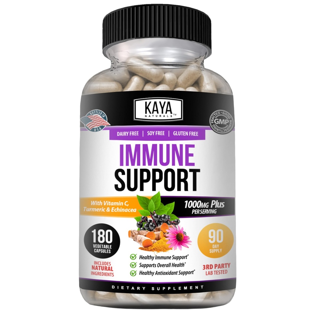 Kaya Naturals Elderberry immunforsvar med zink og C-vitamin til voksne, Probiotika & gurkemeje 1000mg immunsystem Booster Sambucus Elderberry kapsler - 180 Tæl