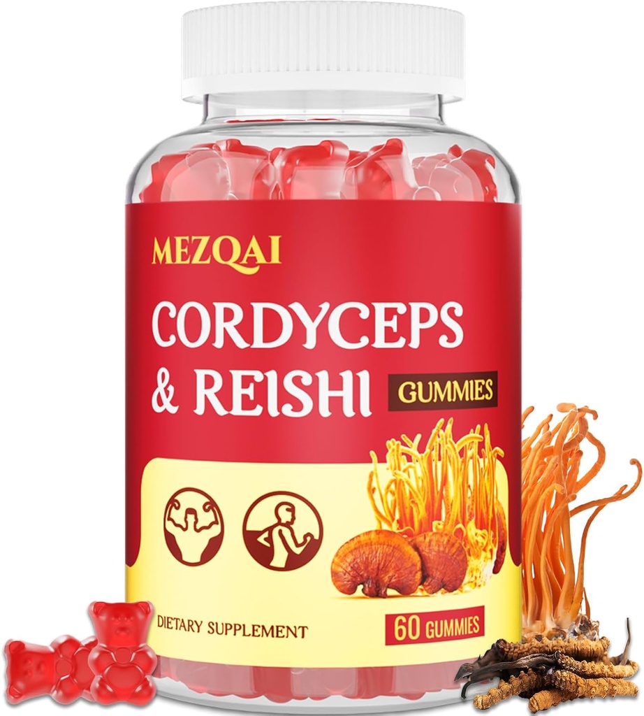 Mushroom Gummies, Cordyceps Reishi Mushroom Supplement Gummies for voksne med grøn te ekstrakt, hjerne Kosttilskud til hukommelse og fokus, energi, atletisk ydeevne *, hvile - 60 Greve