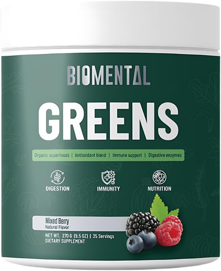 Biomental Green Supplement- Berries- Detox - fordøjelsessygdomme, antioxidant Blend, Grønne pulver - Premium Green immunforsvar Nutritional supplement - Gut Support til mænd og kvinder 9.5 oz