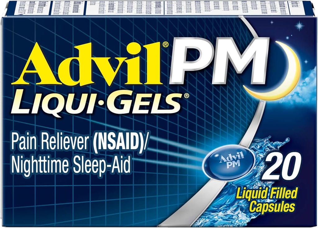 Advil PM Liqui- Gels Pain Reliever og Nighttime Sleep Aid, Pain Medicine med Ibuprofen for Pain Relief og Diphenhydramin HCL for en Sleep Aid - 20 flydende fyldte kapsler - Tilbage til kollegiet