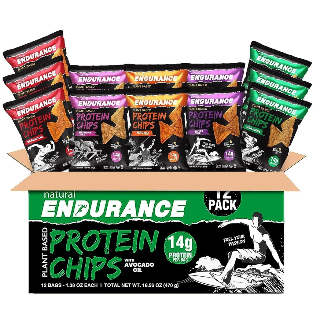 Natural Endurance Protein Chips - Lav Carb Chips, High Protein Snack, Vegan Protein med Avocado Oil, 14g Protein Per Bag, Gluten Free, Nacho, BBQ, Chili, Fødselsdagskage, Original - Variety Pack, 1,38 oz poser (Pack of 12)