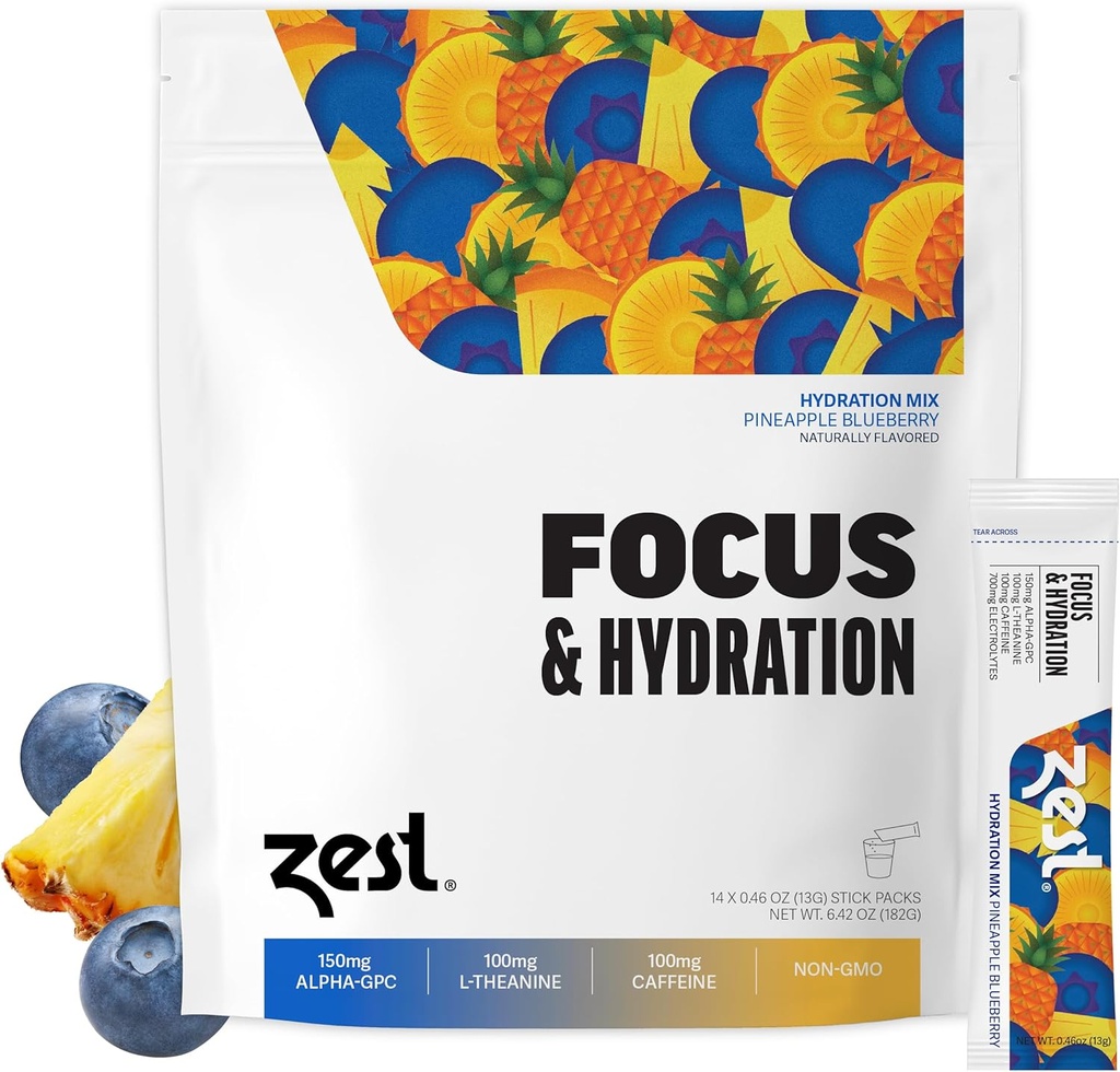 Zest Focus & Productivity Energy Drink - Pineapple Blueberry Clean Energy Powder Pakninger med 100 mg koffein, L- Theanin & 150 mg Alpha GPC Nootropics - Lavt sukker elektrolytter til hukommelse - 14 sticks
