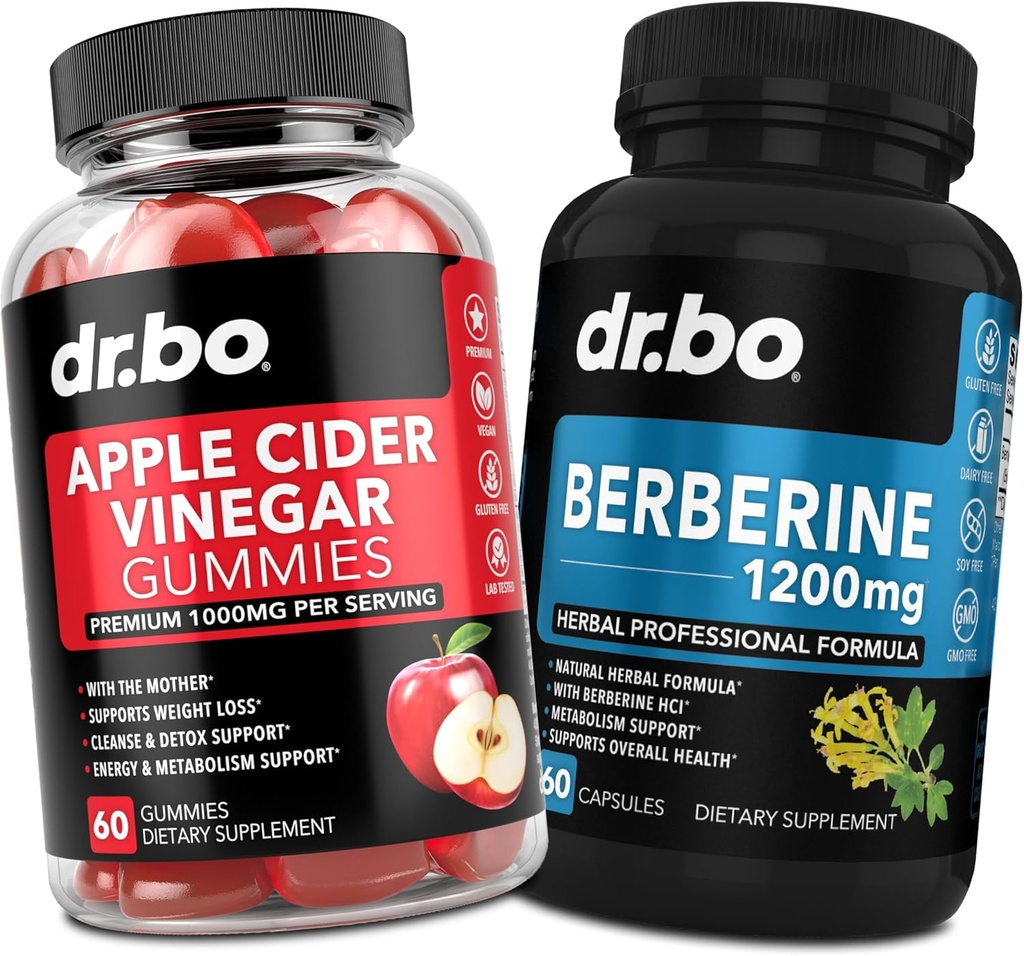 DR. BO ACV Gummies & Berberine Supplement kapsler - 1000MG Apple Cider Vincipes Gummies & Berberine HCL 1200mg piller til fordøjelse, Gut Health & Metabolisme