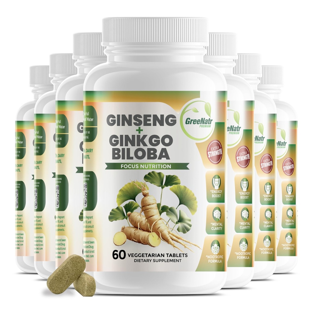 GreeNatr Ginko Biloba & Panax Ginseng Supplement - Rød Ginseng Brain Supplement for hukommelse og fokus - Ginkgo Biloba Kosttilskud til god vision, immunsystem og forbedret blodgennemstrømning - 12 flasker