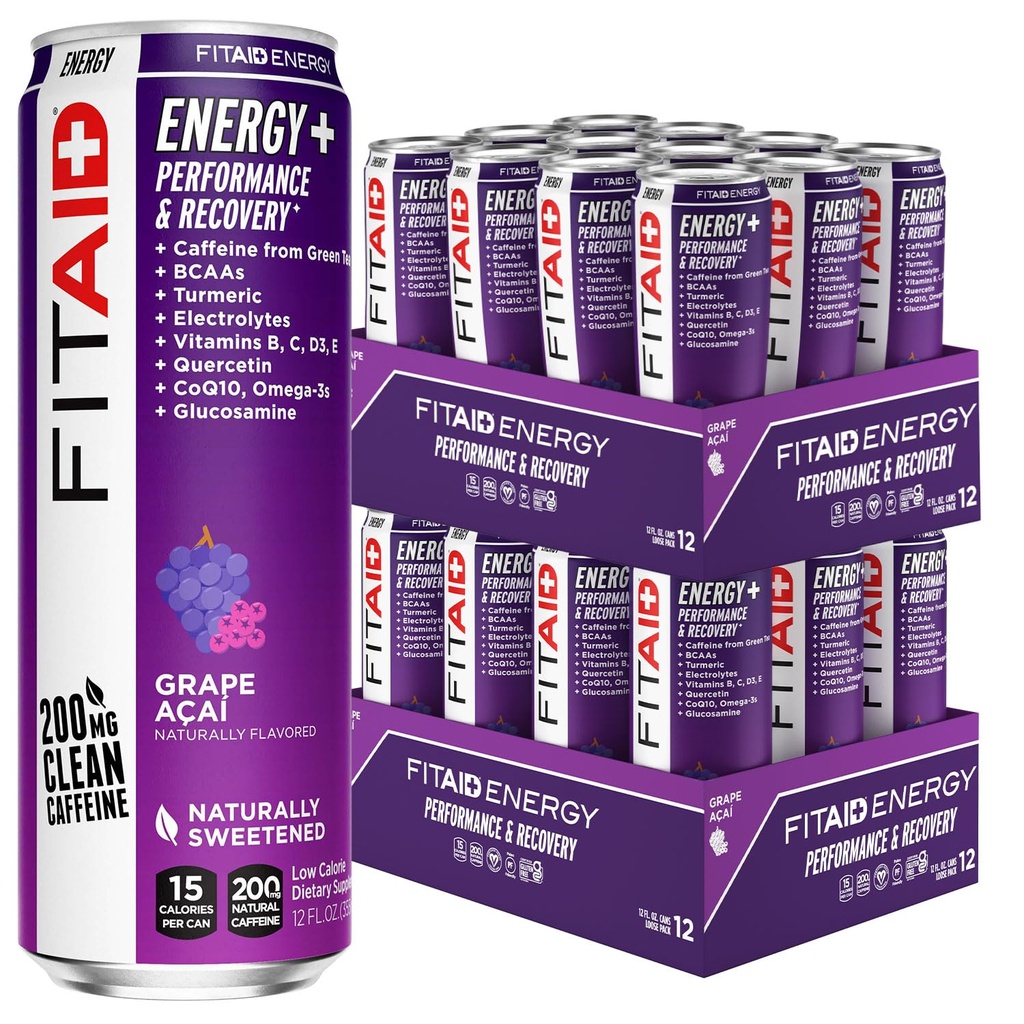 LIFEAID FITAID Energy Grape AÇAI, 200mg Natural Coffein, Keto, Præ- workout Performance: BCAAs, Quercetin, Electrolytes, Omega- 3s, 15 kalorier, Paleo, Vegan & Gluten- Free, 12- oz (Pack of 24)