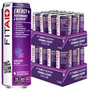 LIFEAID FITAID Energy Grape AÇAI, 200mg Natural Coffein, Keto, Præ- workout Performance: BCAAs, Quercetin, Electrolytes, Omega- 3s, 15 kalorier, Paleo, Vegan & Gluten- Free, 12- oz (Pack of 24)