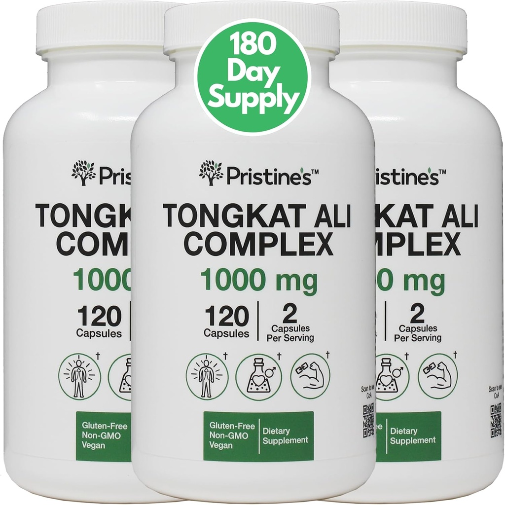 PRISTINE 'S Tongkat Ali 1000mg 180 Day Supply (3 Pack) - Atletisk Performance Support - Lean Mass Muscle Building Herbal supplement til mænd og kvinder - Vegan, Gluten Free, Non GMO