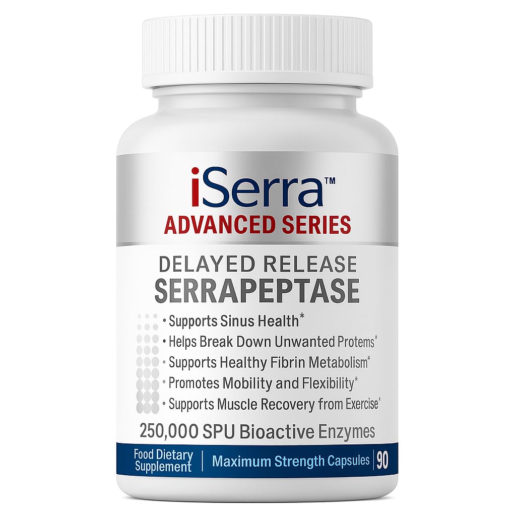 iSerra 250.000 SPU Serrapeptase Enzyme - 90 Maksimal styrke kapsler - Op til 12x mere potent end anden serrapatase - Forsinket frigivelse Technologi- High Potency Non-GMO, Gluten Free, Vegan (pakke med 1)