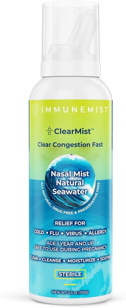 ClearMist Natural Seawater Nasal Spray for Congestion Relief, Hypertonic Saline Nasal Spray for Dry Nose, Moisturizing Sinus Decongestant Relief for Adults and Kids Made in Sweden, Safe for Ages 1+