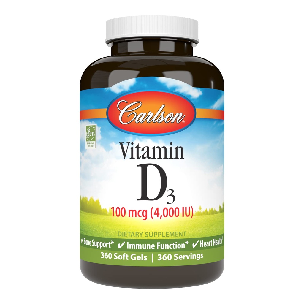 Carlson - D3- vitamin 4000 IE (100 mcg), immunforsvar, knoglerelateret, muskelsundhed, cholecalciferol, D- vitamintilskud, D3- vitamin Soft Gels, 360 Softgels