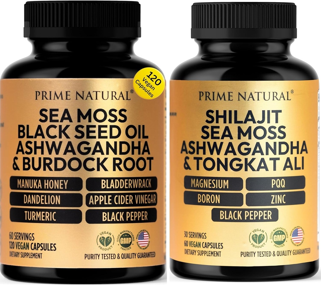PRIME NATURAL Iris Sea Moss Black Seed Oil Shilajit Ashwagandha - 2 flasker - Veganske kapsler